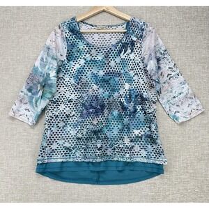 Live And Let Live Blouse Womens Petite Large Teal Tunic Top Layered High Low